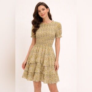 DISSH Floral Smocked Mini Dress Tiered Ruffle Cottagecore Size 8 Yellow